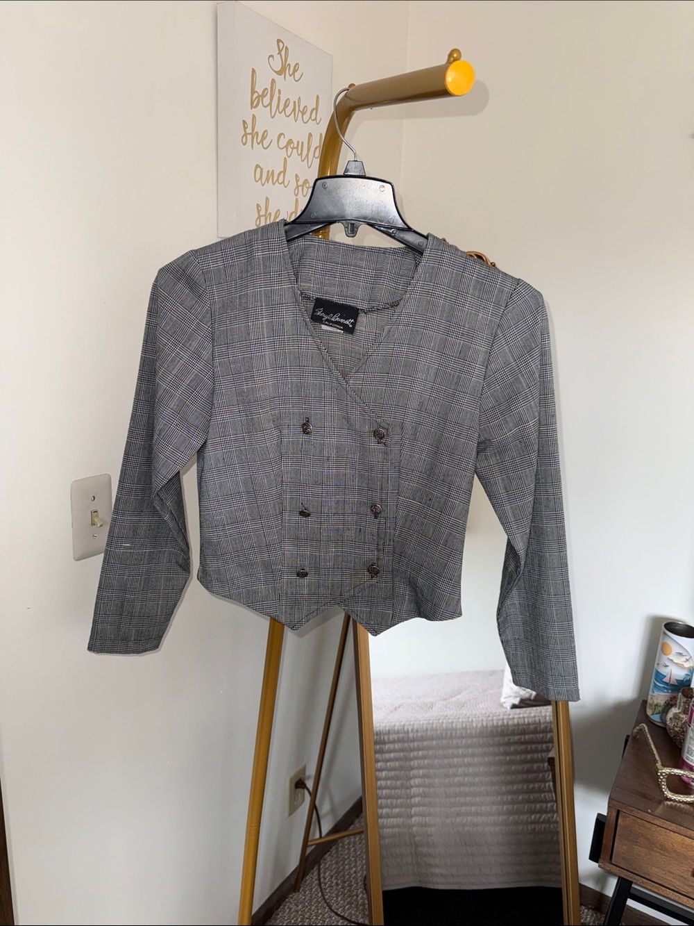 Vintage Gray Plaid Double-Breasted Cropped Blazer Jacket